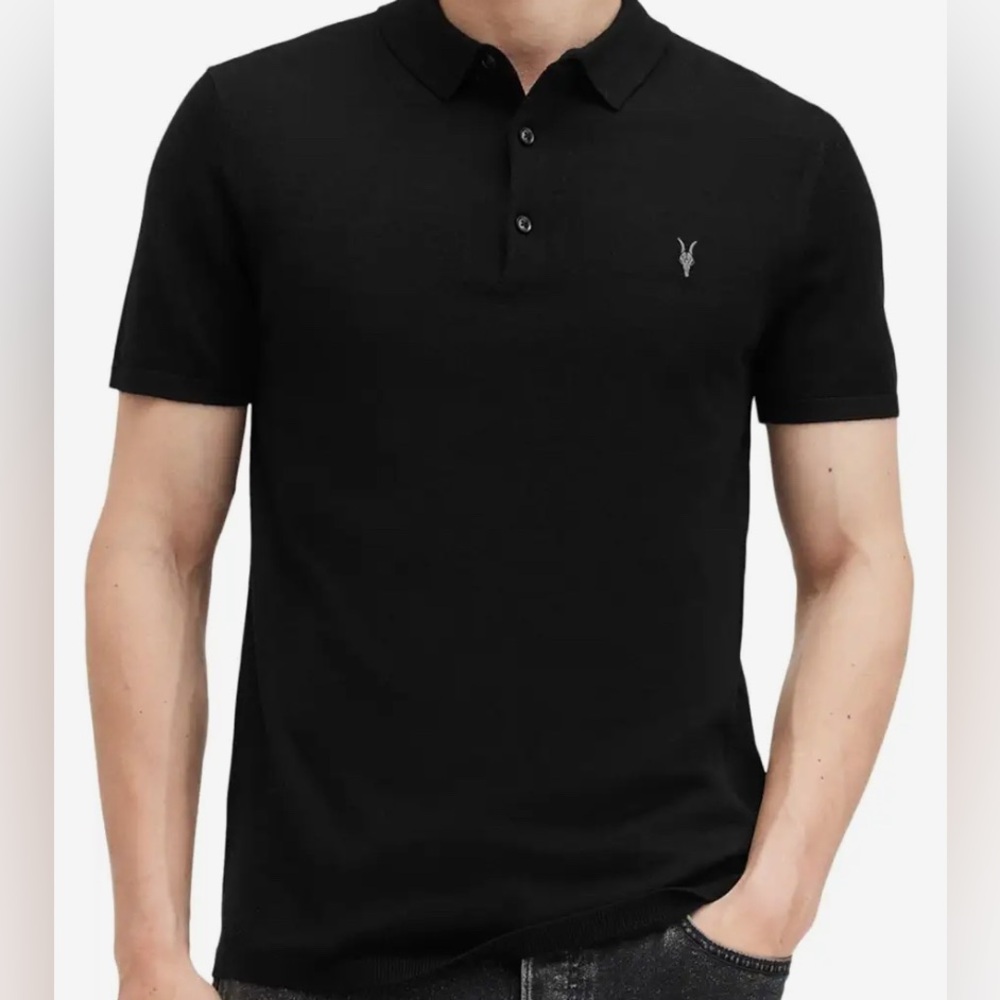 All Saints Black Mode Merino SS Polo Shirt